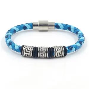 Blaues geflochtenes Lederarmband für Herren mit griechischem Muster und Magnetverschluss