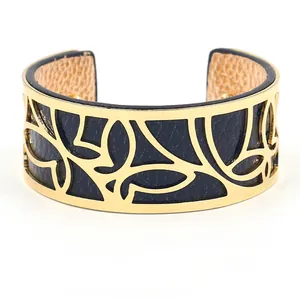 Modisches hohlgeformtes Schmetterlings Metallarmband mit blauem PU-Leder für Damen