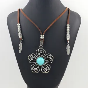 Bohemian Ethnic Hollow Out Flower Butterfly Heart Leaf Pendant Necklace Vintage Alloy Synthetic Turquoise Long Faux Leather Cord Feather Tassel Necklace For Women Jewelry