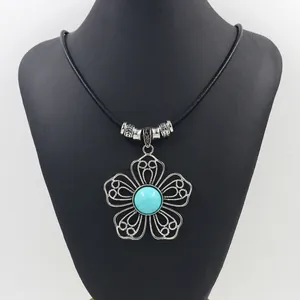 Bohemian Vintage Alloy Antique Silver Large Flower Butterfly Leaf Pendant Necklace Turquoise Resin Black Leather Rope Jewelry