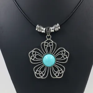 Bohemian silver floral necklace with turquoise stone on black cord for women