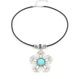 Bohemian style antique silver flower pendant necklace with turquoise on black cord