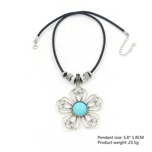 Bohemian silver alloy flower pendant necklace with turquoise inlay on black cord
