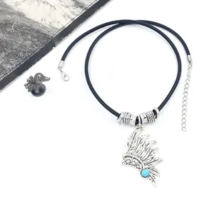 Vintage silver alloy chieftain feather pendant necklace with turquoise on black leather cord