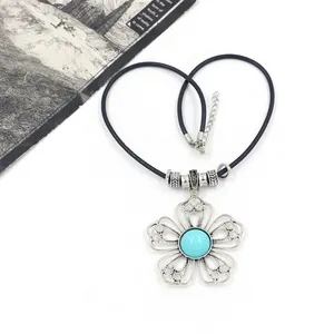 Bohemian silver alloy flower pendant necklace with turquoise stone on heart-shaped cord