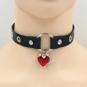 Punk black leather choker necklace featuring a red devil heart pendant with silver rings