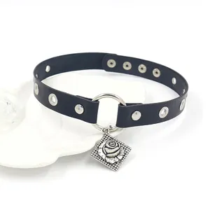 Punk leather choker necklace with rose pendant and silver studs in y2k gothic style