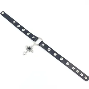Gothic punk black leather choker featuring a silver thorn cross pendant with black gem