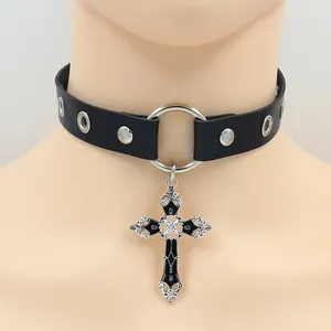 Gothic black leather choker with baroque cross pendant and silver O-ring accents