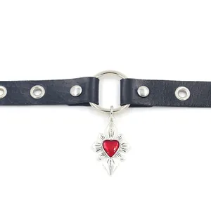 Punk leather choker necklace featuring a silver O-ring and red heart cross pendant