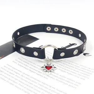 Punk leather choker with heart cross pendant and silver O-ring rivet details