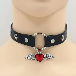 Punk leather choker with silver rivets and red winged heart pendant for women
