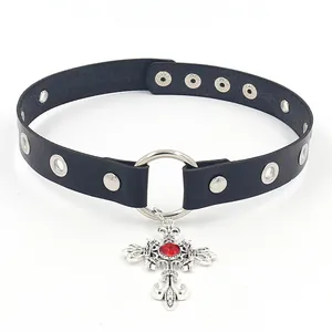 Punk black leather choker with silver rivets and a hollow cross pendant with red gem