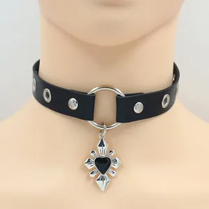 Gothic punk black PU leather choker with heart cross pendant and silver O-ring