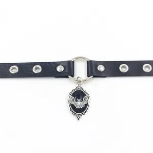 Gothic black leather choker featuring a silver bat pendant and adjustable metal eyelets