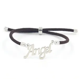 Bracelet ajustable en cordon tressé marron avec breloque Angel en argent pour homme et femme