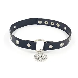 Gothic black leather choker necklace featuring a silver spider web pendant and rhinestones