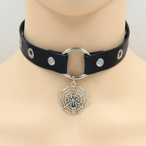 Gothic Punk PU Leather Choker Necklace Alloy Spider Web Crown Pentagram Pendant Adjustable O-Ring Women Party Jewelry Neckband