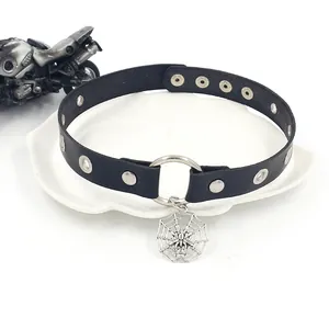 Gothic leather choker necklace featuring a spider web pendant and adjustable silver studs