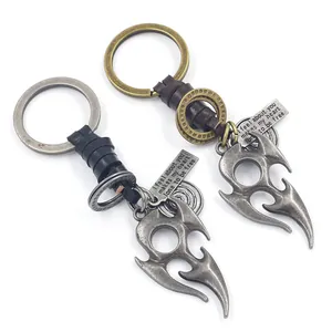 Vintage Alloy Flame Totem Pendant Cowhide Braided Leather Keychain Retro Punk Metal Key Ring For Men Women Gift Jewelry