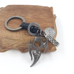 Vintage alloy flame totem pendant keychain with braided cowhide leather and metal charms