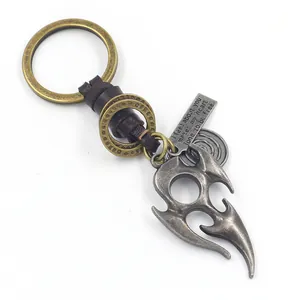 Vintage alloy flame totem pendant with braided leather keychain in punk style