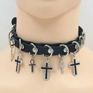 Black leather choker with silver cross pendants and metal rivets for Y2K punk style