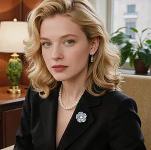 Detailed view of camellia brooch with purple stones and pearls on a model outfit