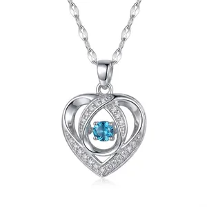 Élégant collier cœur en argent avec pierre bleue mobile et pendentif en oxyde de zirconium