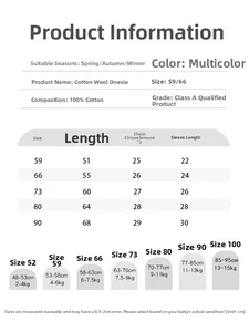 Size chart for 100% cotton baby romper showing measurements for ages 0 to 24 months