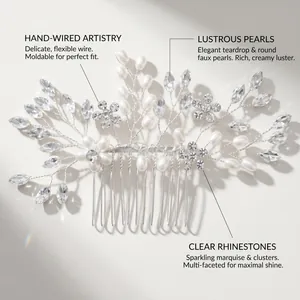 Detailed macro view of handmade silver bridal hair comb with pearls and rhinestones