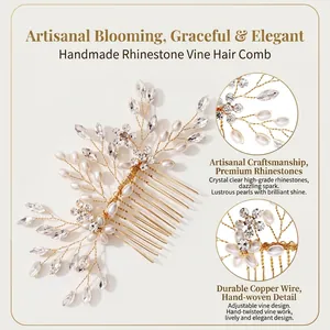 Handmade bridal hair comb with vintage pearls and sparkling rhinestones in gold finish