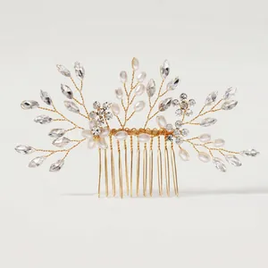 French vintage bridal hair comb with pearls and rhinestones on gold wire branches