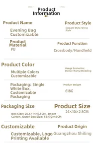 Detailed size chart for evening PU clutch bag, 24x10x2.5CM dimensions and 618g weight