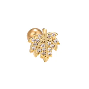 Golden maple leaf screw back stud earrings with sparkling white cubic zirconia stones