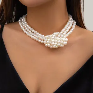 Elegant multi-strand faux pearl choker with knot design for women in French vintage style