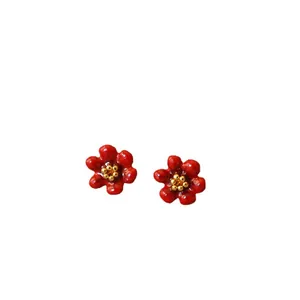Handmade red enamel camellia stud earrings with gold stamen and 925 silver needles