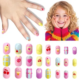 Detailed set of 24 kids press-on nails featuring cherry, bear, and rainbow patterns