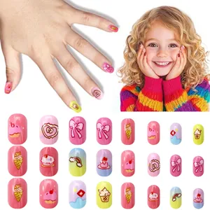 Close-up of 24pcs colorful cartoon press-on nails with cupcakes and rainbow patterns