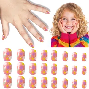 Pink cartoon press-on nails for kids with colorful dots and stars, full 24-piece set display