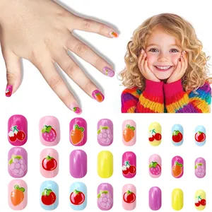 Detail of 24pcs cartoon fruit press-on nails for kids with cherry and strawberry designs