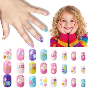 Detail view of 24pcs colorful floral patterns on short round press-on nails for kids