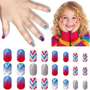 Detail view of 24pcs kids press-on nails with blue-red gradients and silver glitter patterns