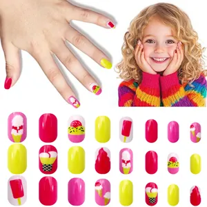 Detailed view of kids cartoon press-on nails set with ice cream designs in 24 piece box