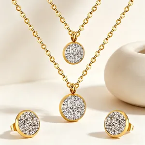 Collana Con Pendente A Disco Rotondo E Orecchini A Lobo In Acciaio Inossidabile Dorato Gioielli Con Cristalli Pavé Per Donna Moda Elegante Doppia