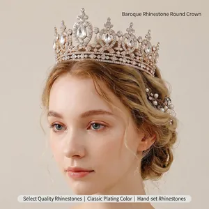 Baroque Bridal Crown Full Round Alloy Rhinestone Tiara For Wedding Birthday Party Retro Sparkling Headpiece For Women