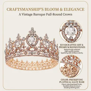 Elegant gold baroque bridal crown with sparkling white rhinestones for wedding parties