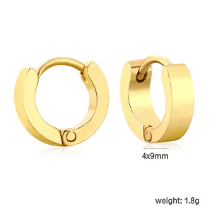 Minimalist gold stainless steel huggie hoop earrings measuring 4x9mm and weighing 1.8g