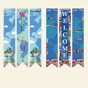 Polyester Welcome Porch Banner Multilingual Hello Greeting Flag For School Office Entrance Party Home Decoration International