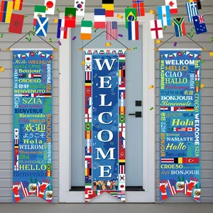 Three-piece multi-language Welcome banner set with world flags for soccer party decor